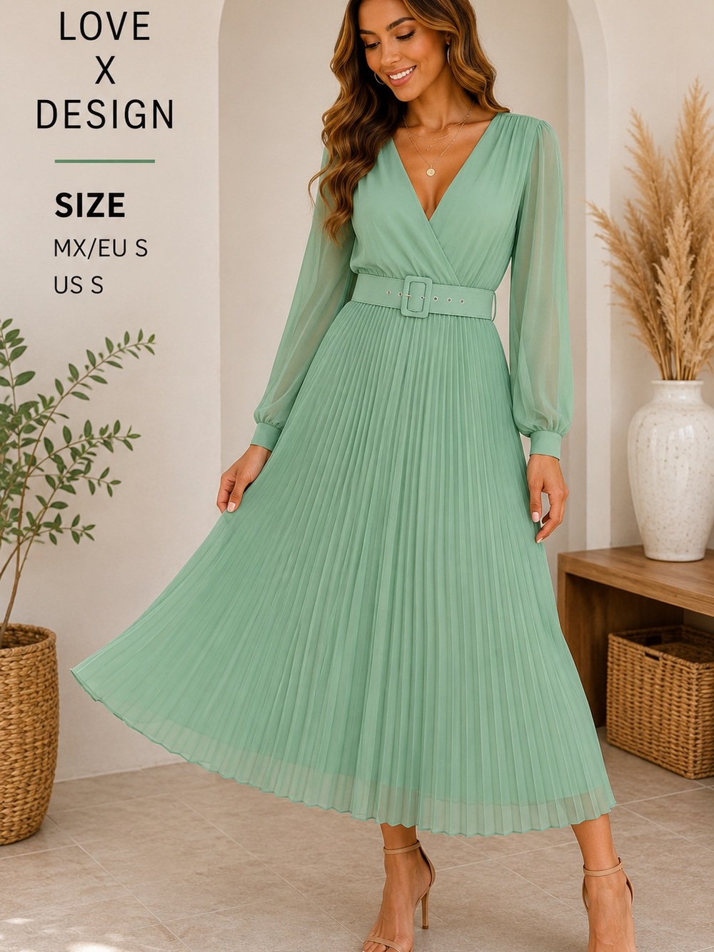 Love By Design Mint Green Pleated Belted Midi Dress